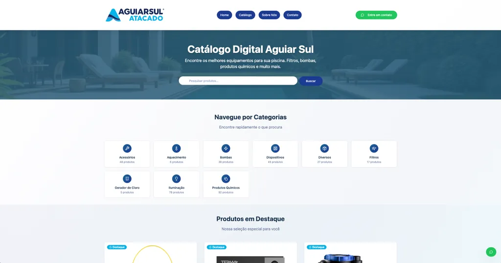 Tela do catálogo digital da Aguiar Sul mostrando produtos para piscinas organizados por categorias