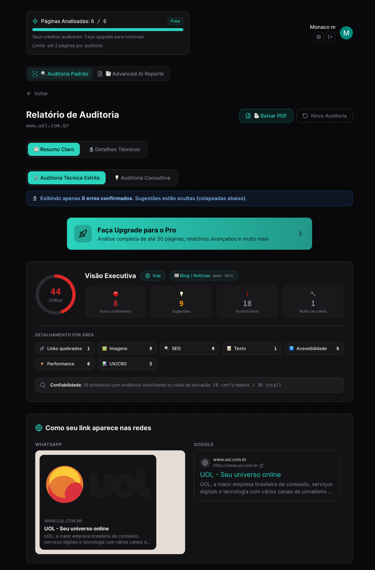 Interface da plataforma Colam.IA mostrando relatório de auditoria de site com métricas e recomendações
