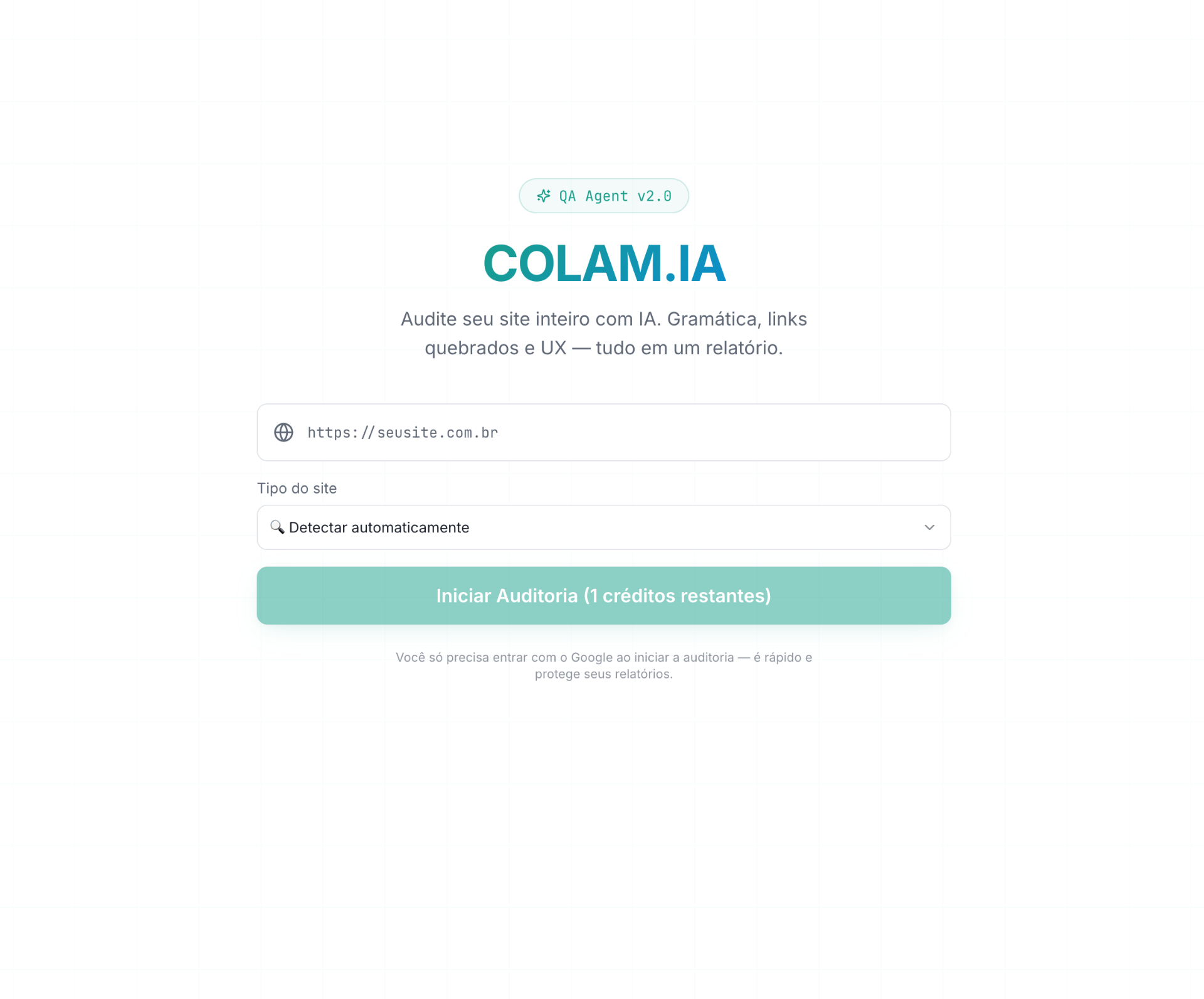 Interface da plataforma Colam.IA mostrando relatório de auditoria de site com métricas e recomendações