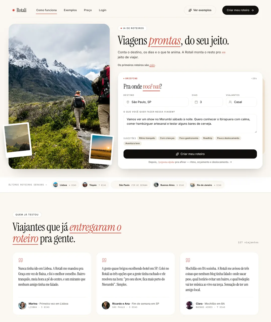 Site de expedições e viagens com roteiro visual e cronograma de jornada