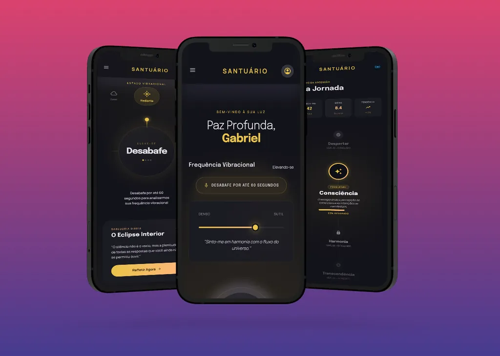 Telas do aplicativo Santuário mostrando interface de autoconhecimento e evolução pessoal